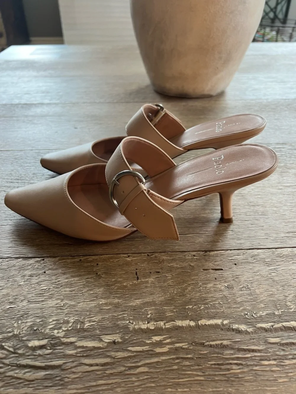 Paolo Blush Beige Pointed-Toe Buckle Mules - Picture 5 of 9